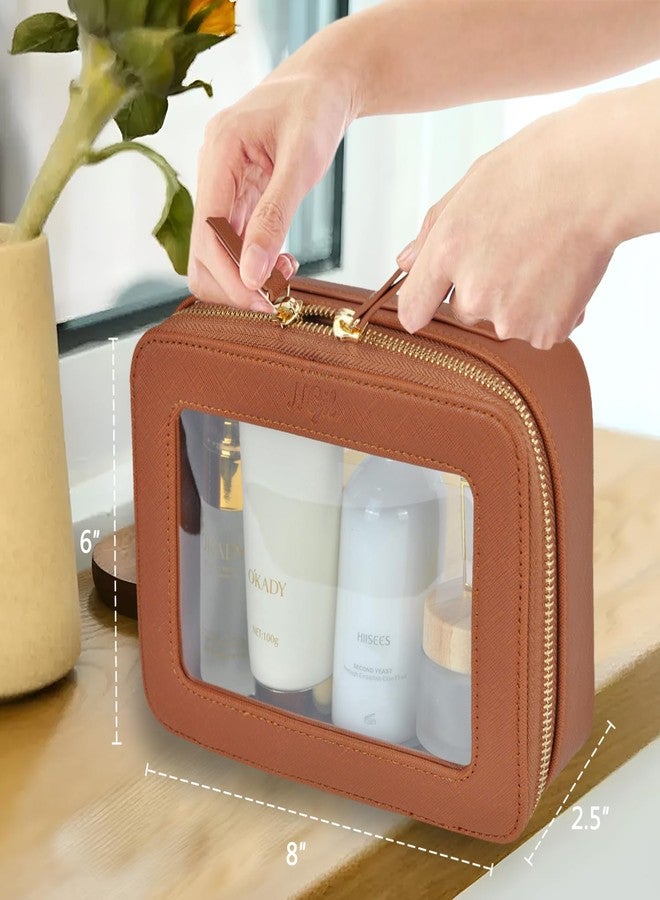 NGIL Clear Faux Leather Travel Toiletry Bag, Makeup Bag Organizer for Women, Clear Window & Gold Zipper Makeup Bag, Road Trip Essential, Skincare, Cruise Ship Essentials (Brown) - Image 3